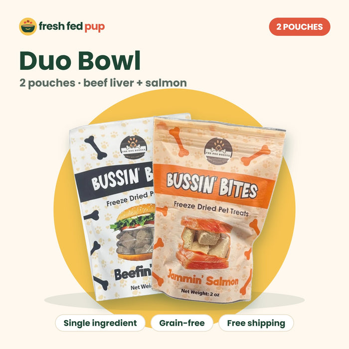 Duo Bowl: beef liver and salmon freeze-dried topper pouches