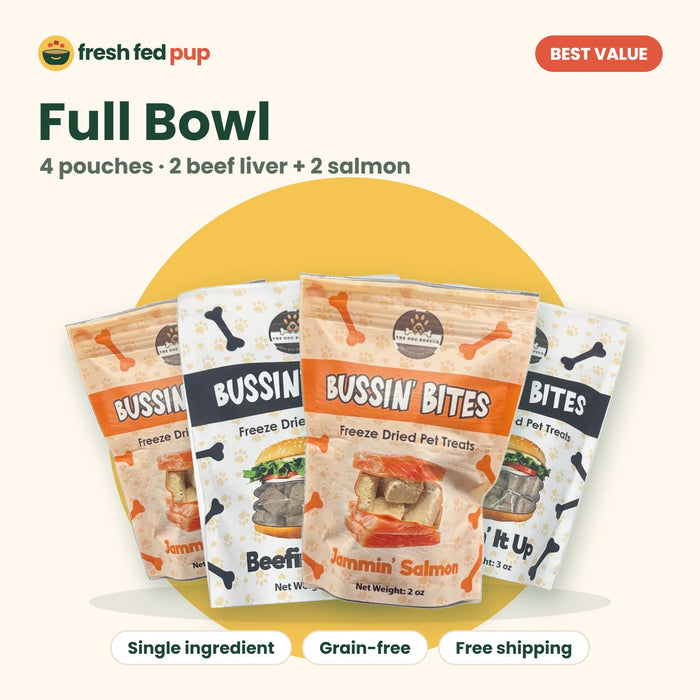 Full Bowl: 2 beef liver and 2 salmon freeze-dried topper pouches